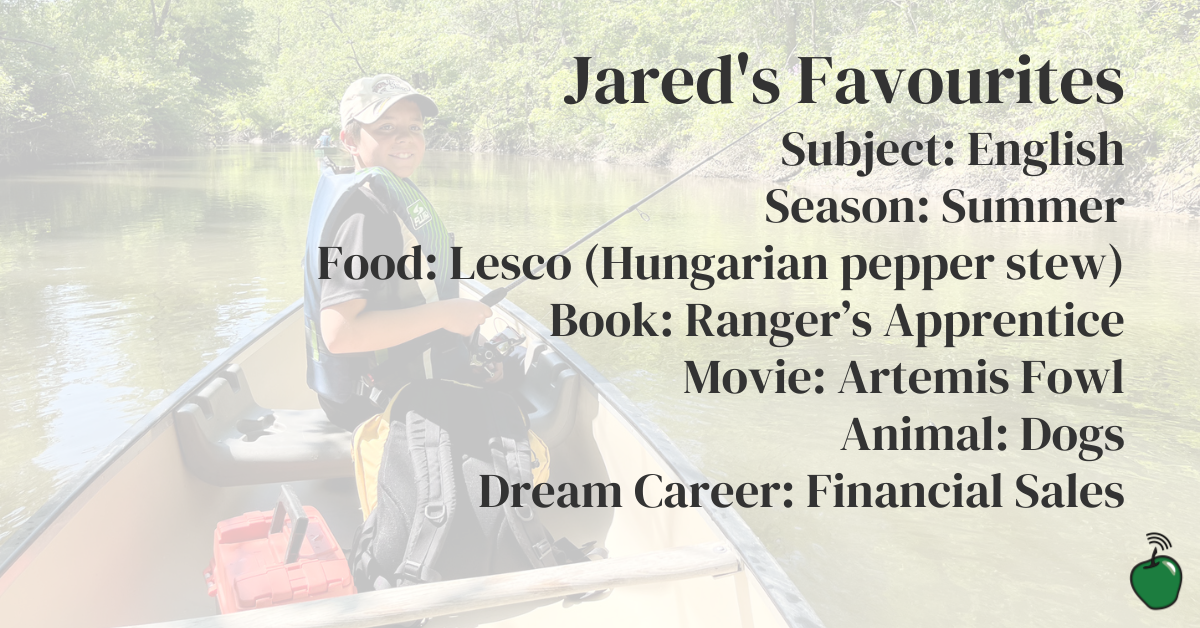 Jared's Favourites Favourite Subject in School: English Favourite Season: Summer Favourite Food: Lesco (Hungarian pepper stew) Favourite Book: Ranger’s Apprentice Favourite Movie: Artemis Fowl Favourite Animal: Dogs Dream Career: Financial Sales On a picture of Jared fishing in a canoe